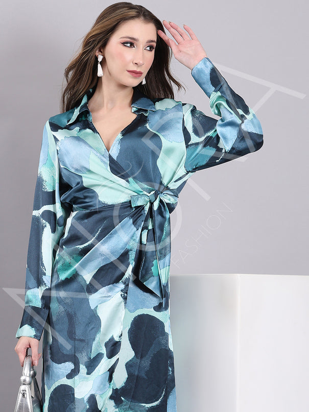 Aqua Wrap Slit Midi Dress