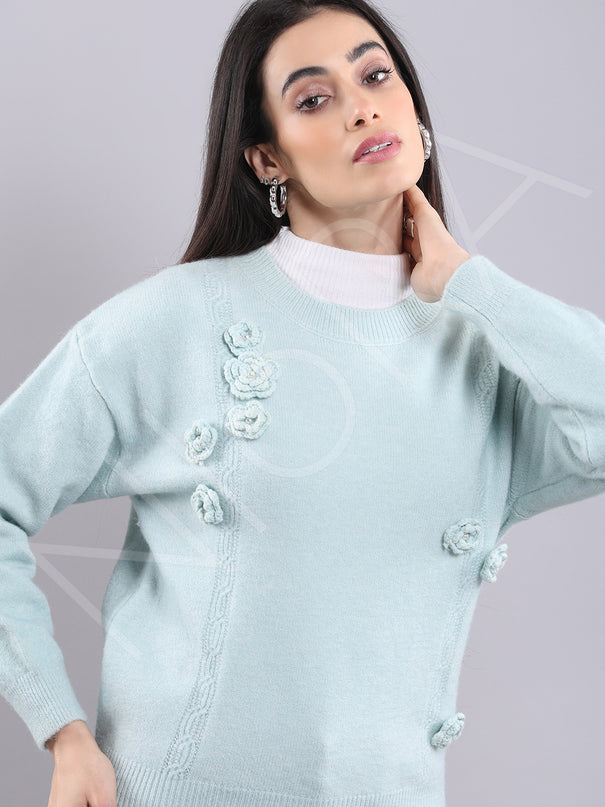 Floral Applique Wool Pullover