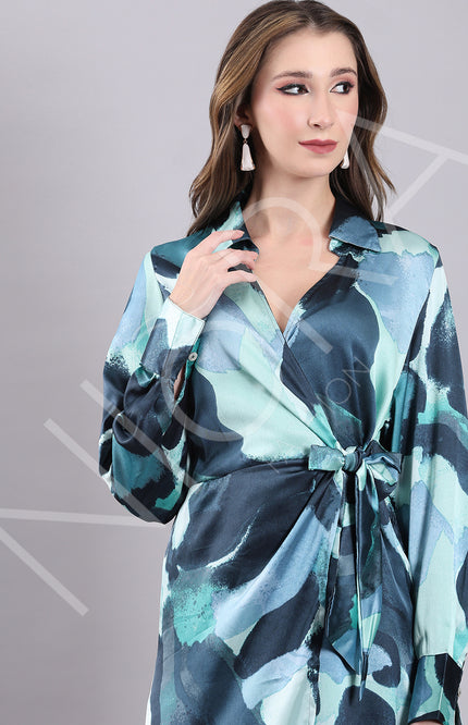 Aqua Wrap Slit Midi Dress