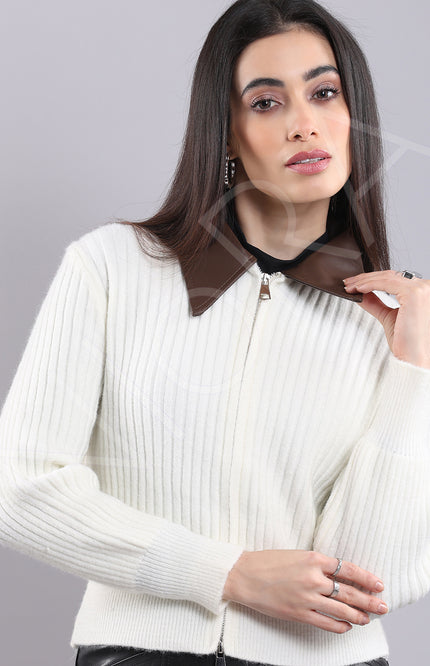 Leather Collar Zip Knit Cardigan