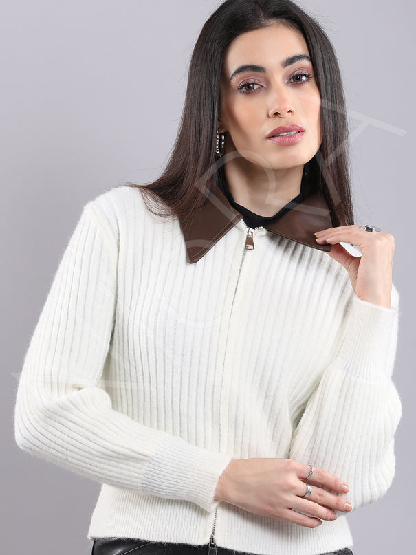 Leather Collar Zip Knit Cardigan