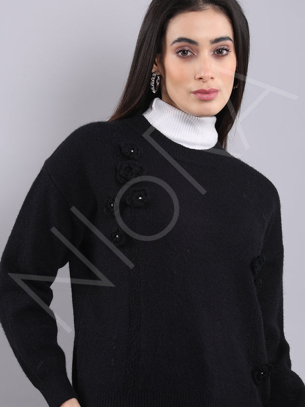Floral Applique Wool Pullover