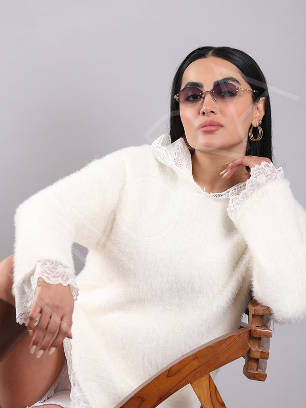 Lace Long Fur Hooded Pullover