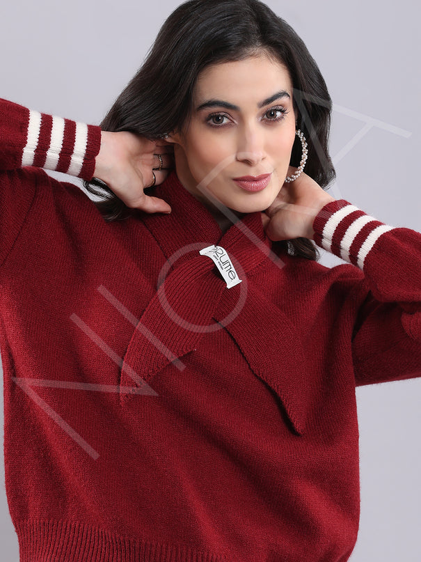 Wrap Neck Knit Pullover
